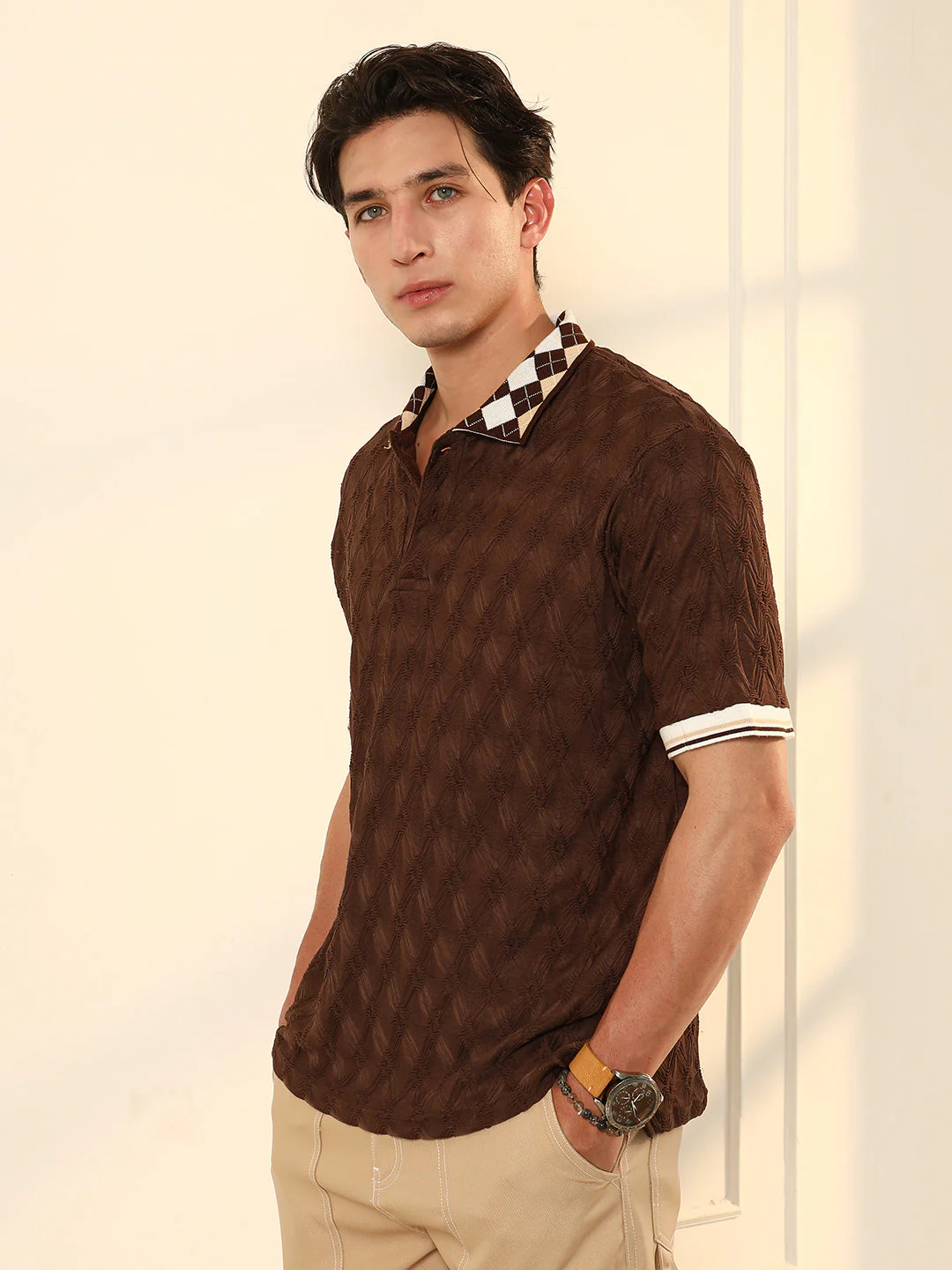 Block Argyle-Knit Polo T-Shirt - Image 3