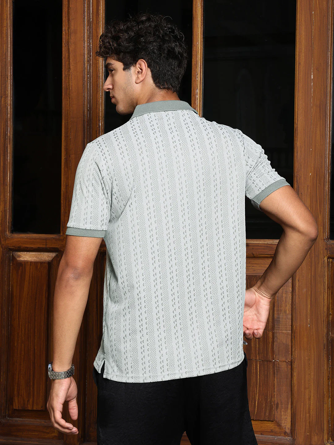 Geometric-Folk Knitted Polo T-Shirt - Image 4