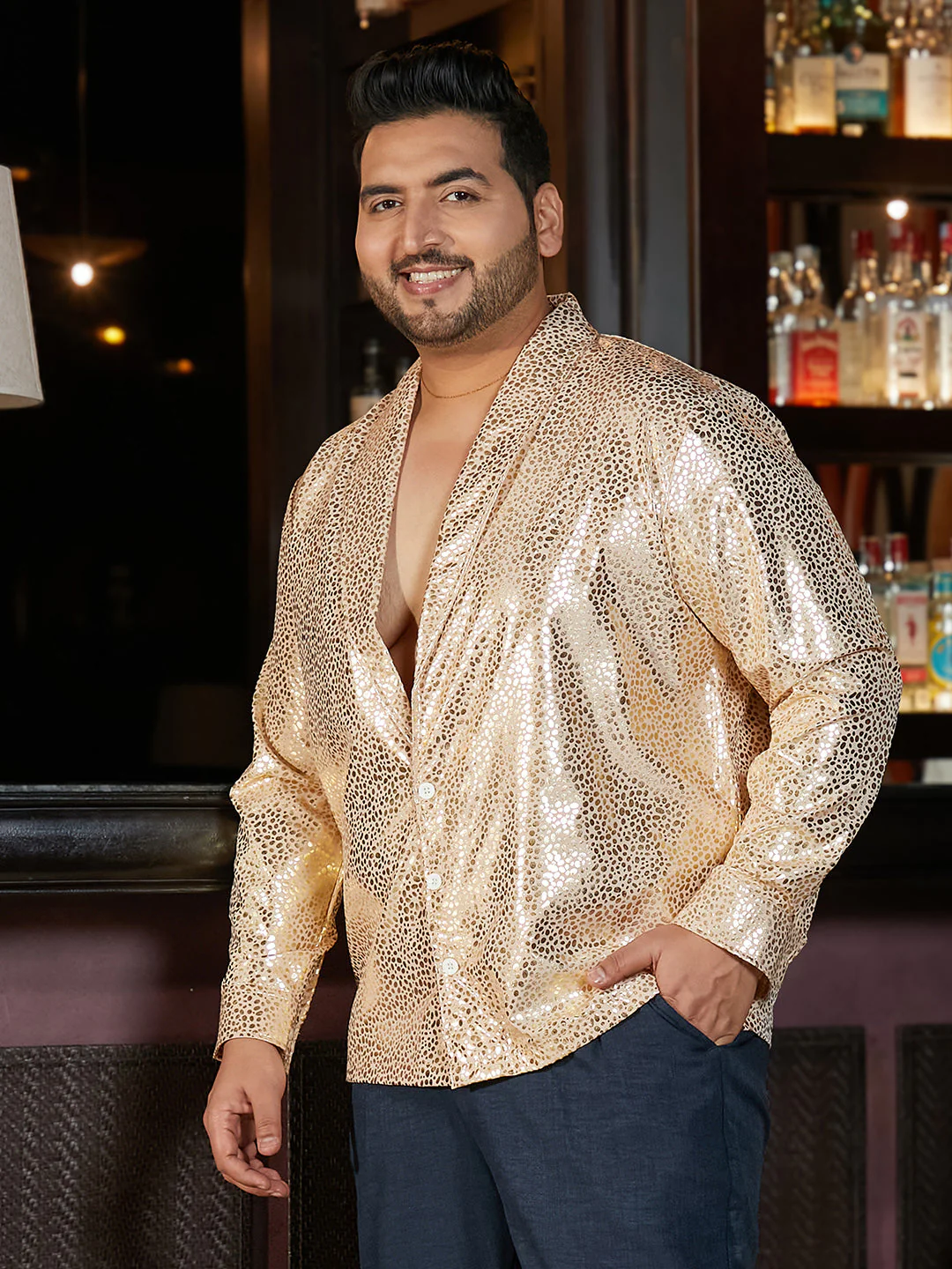Metallic Shawl Collar Relaxed Shirt - Image 3