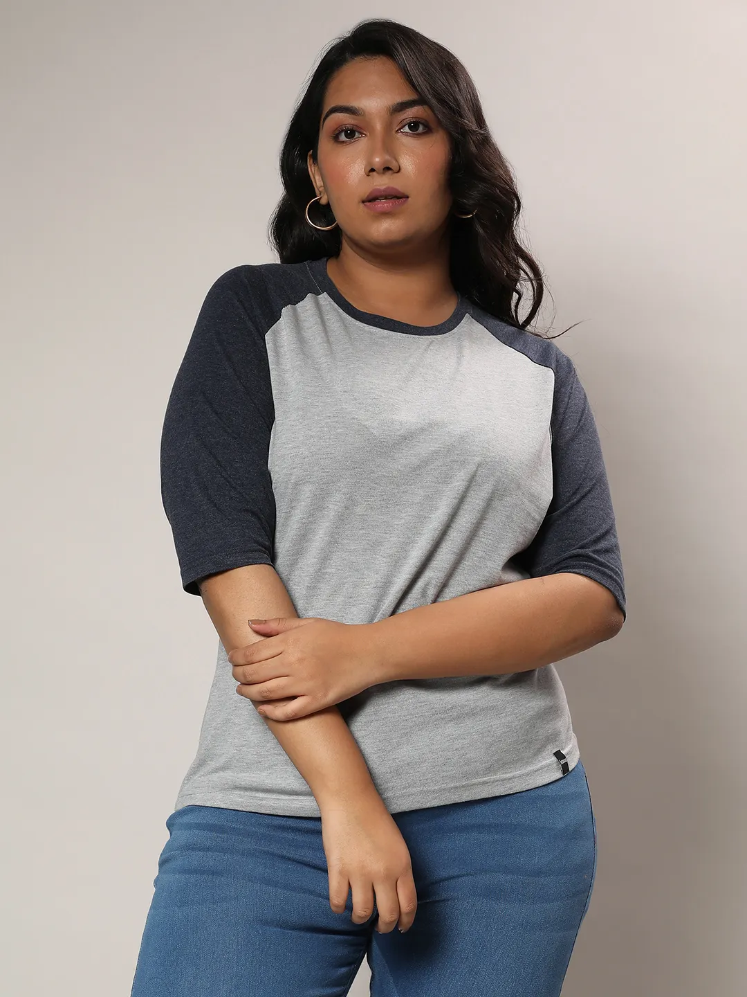 Light Grey & Prussian Blue Raglan Sleeve Top - Image 2