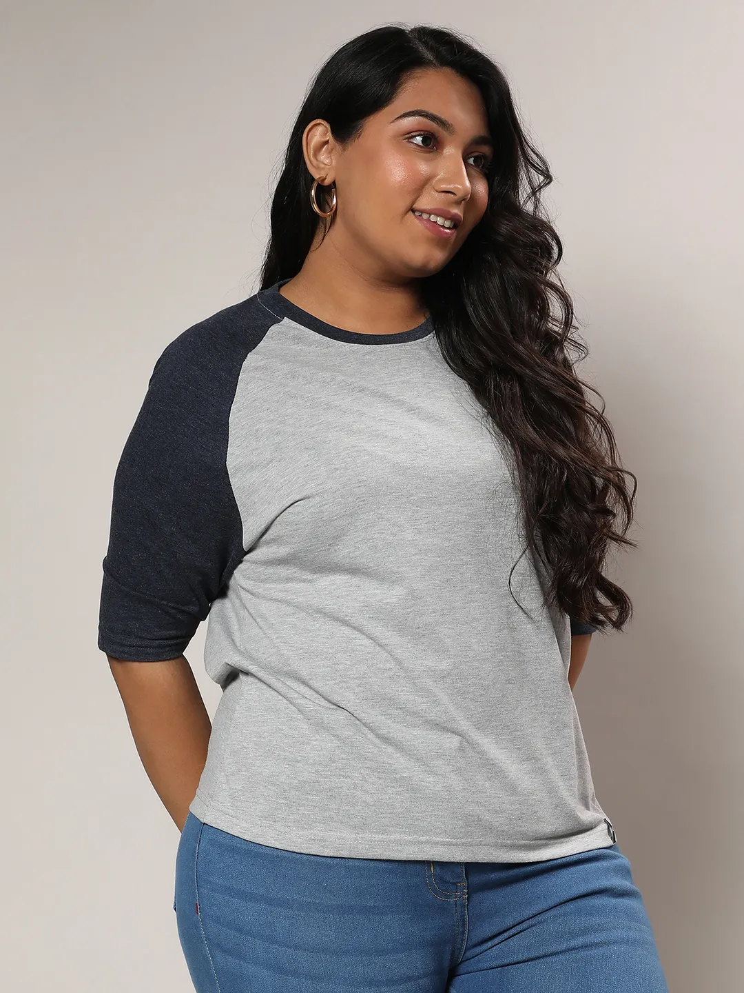 Light Grey & Prussian Blue Raglan Sleeve Top - Image 3